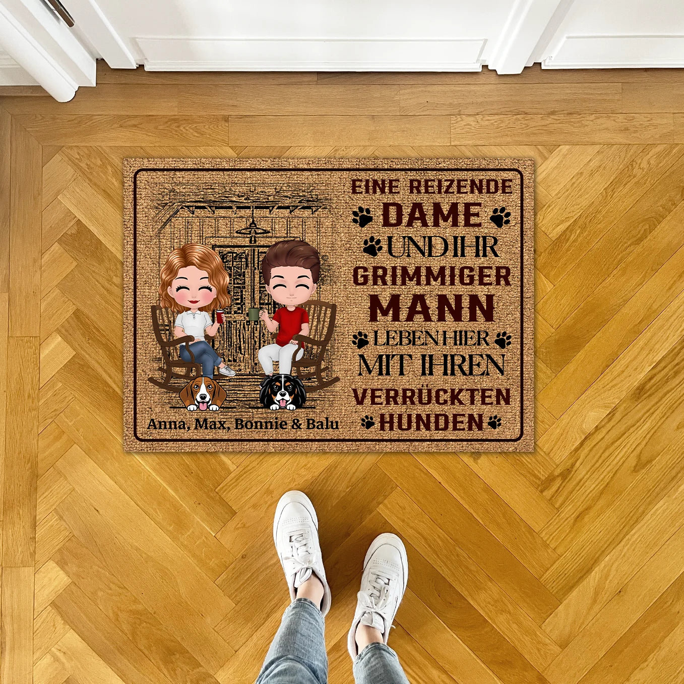 Personalisierte Fussmatte "Dame, Mann und Hund"